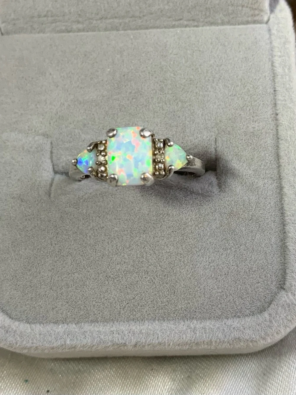 Vintage Sterling Silver Opal and Diamond Ring Size 7